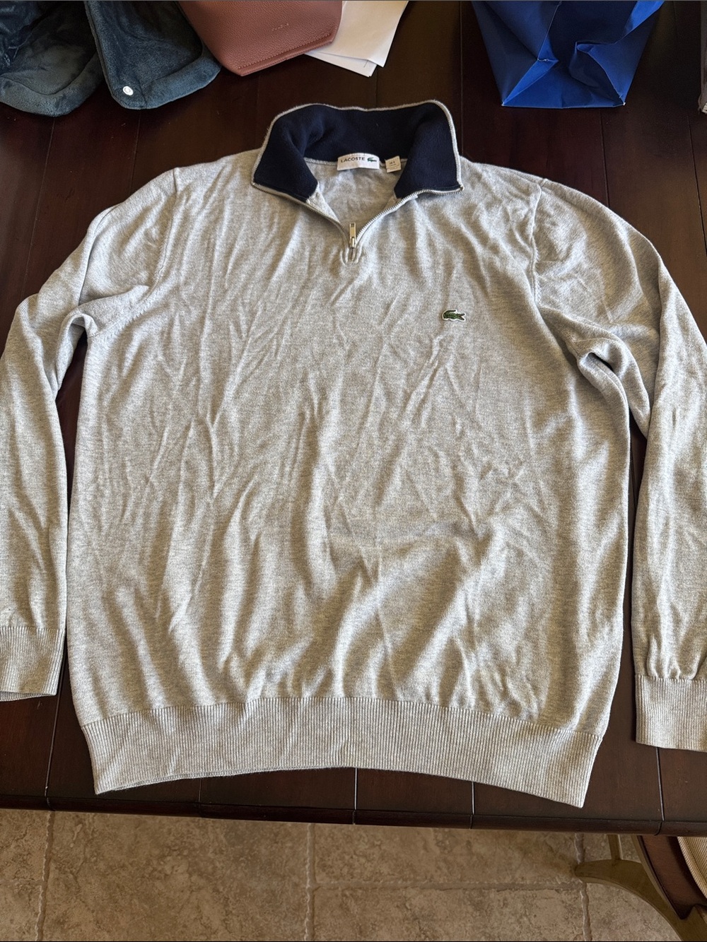 Lacoste Men’s Light Gray Quarter-Zip Sweater with Navy Collar